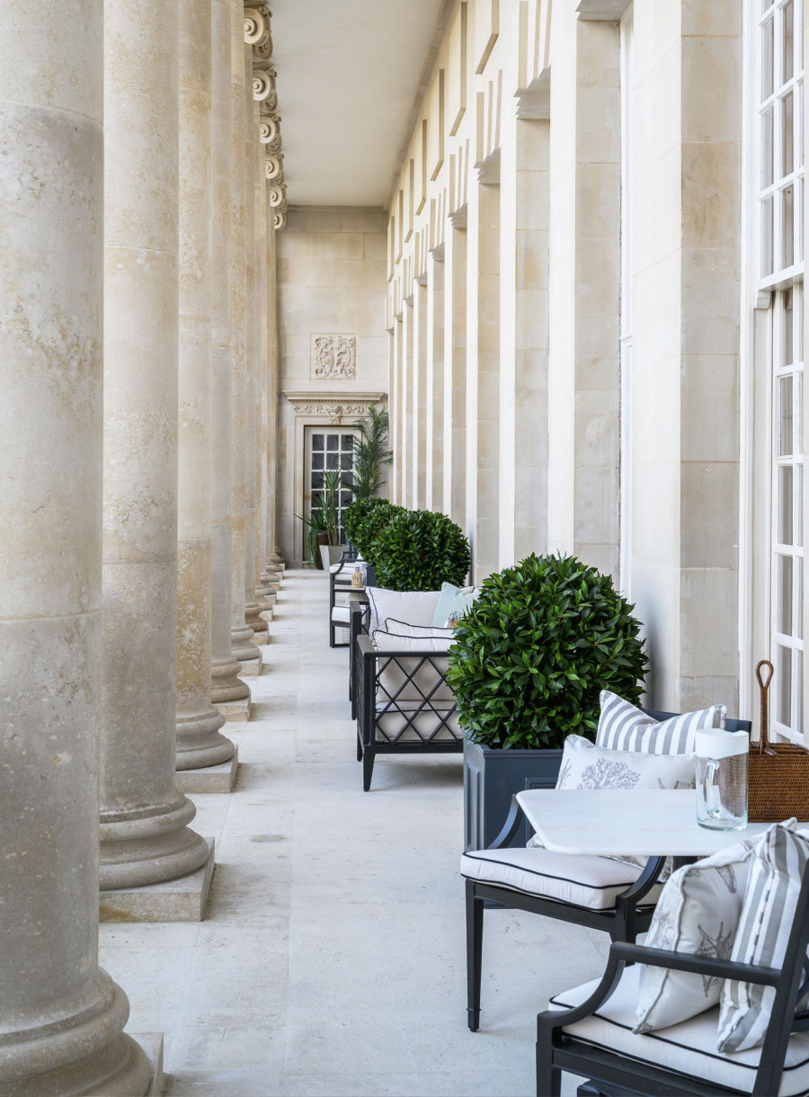9 Millbank property terrace. Ebury Comms client. London terrace. Pillars. Luxury London property. Outdoor furniture