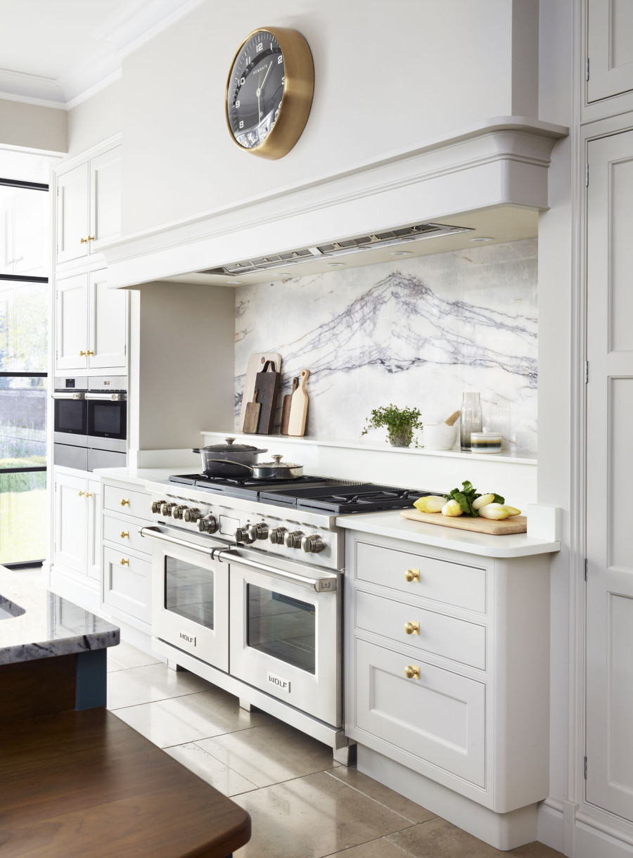 Sub-Zero & Wolf kitchen. White marble. White kitchen. Luxury kitchen appliances. Ebury Comms client.